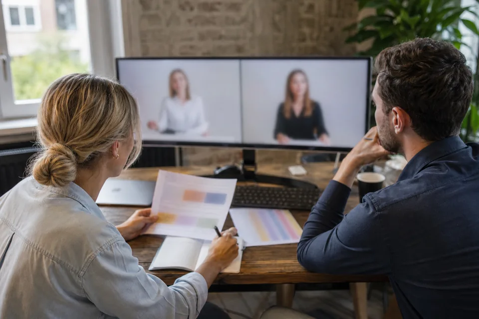Two marketers comparing two AI presenter videos side by side while working out a video budget