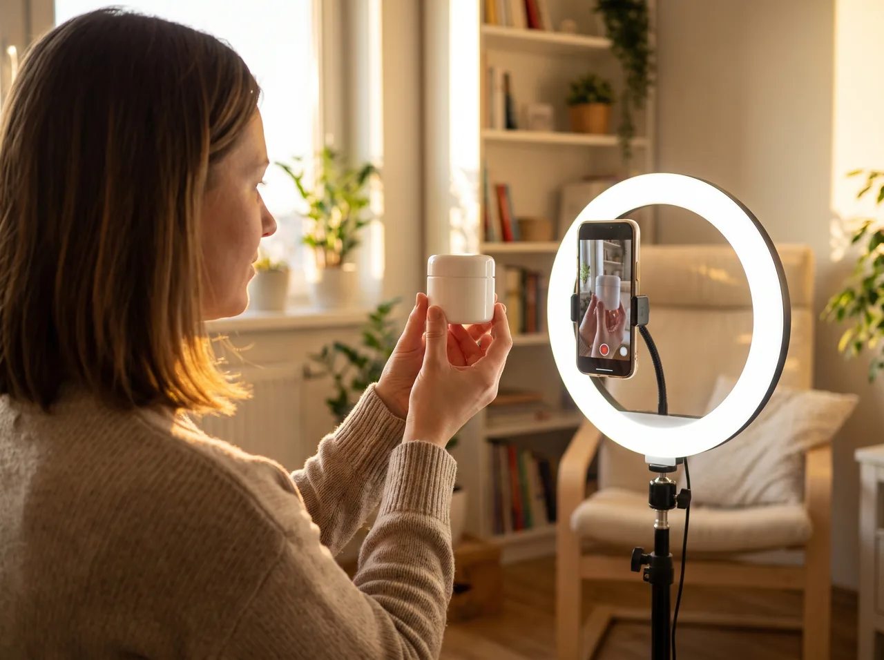 Creator filming a vertical product video holding a moisturizer jar toward a phone on a ring light