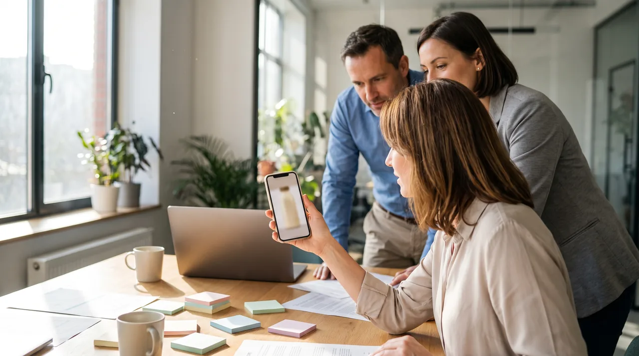 Three marketers reviewing a vertical product ad on a phone while planning a video budget