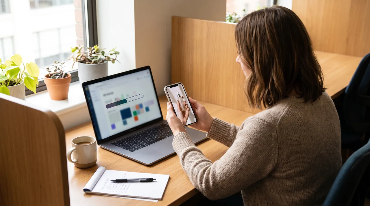 Media buyer reviewing a monthly AI video credit allowance next to a row of vertical product ads on a phone