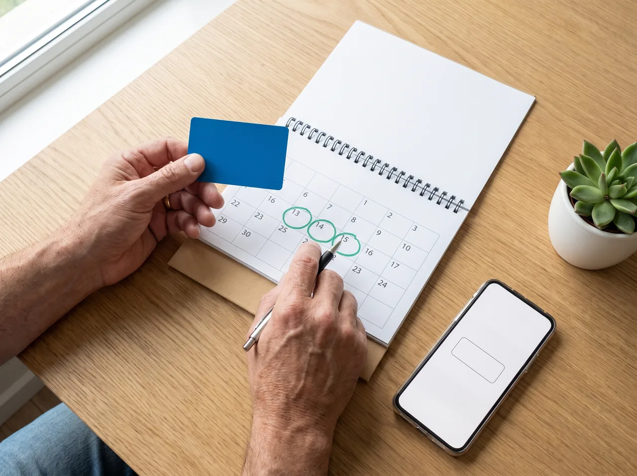 Founder checking a desk calendar and a payment card before a software trial renews