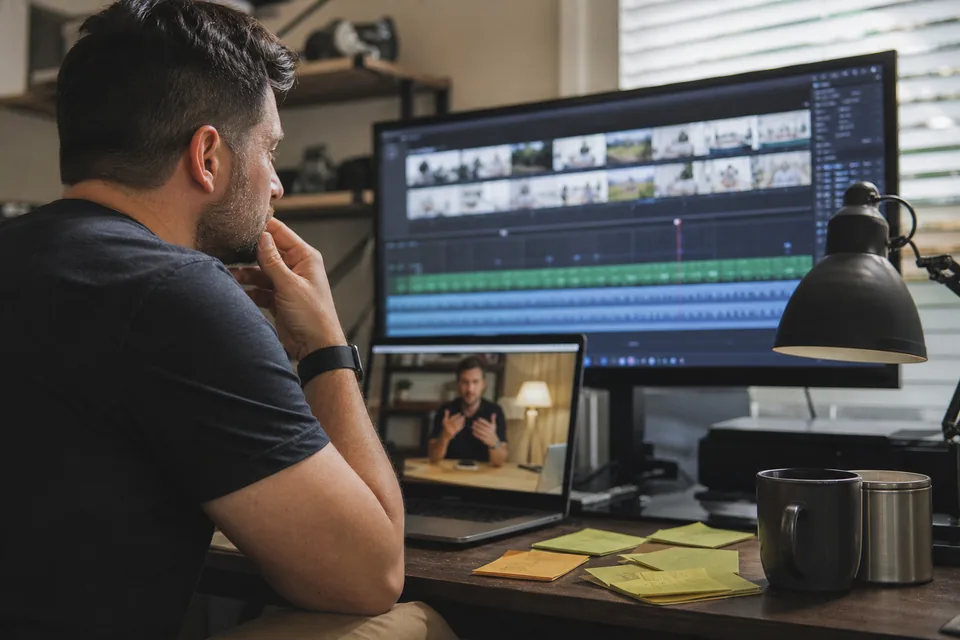 Marketer comparing a long stock footage timeline with a short presenter clip on two screens